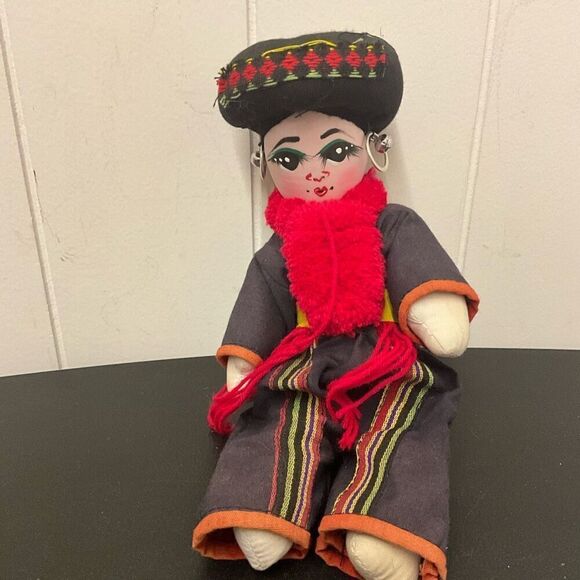 Vintage Handmade 10” Ethnic Craf Doll In Head Dress Hoop Earrings Red Scarf - Picture 1 of 7